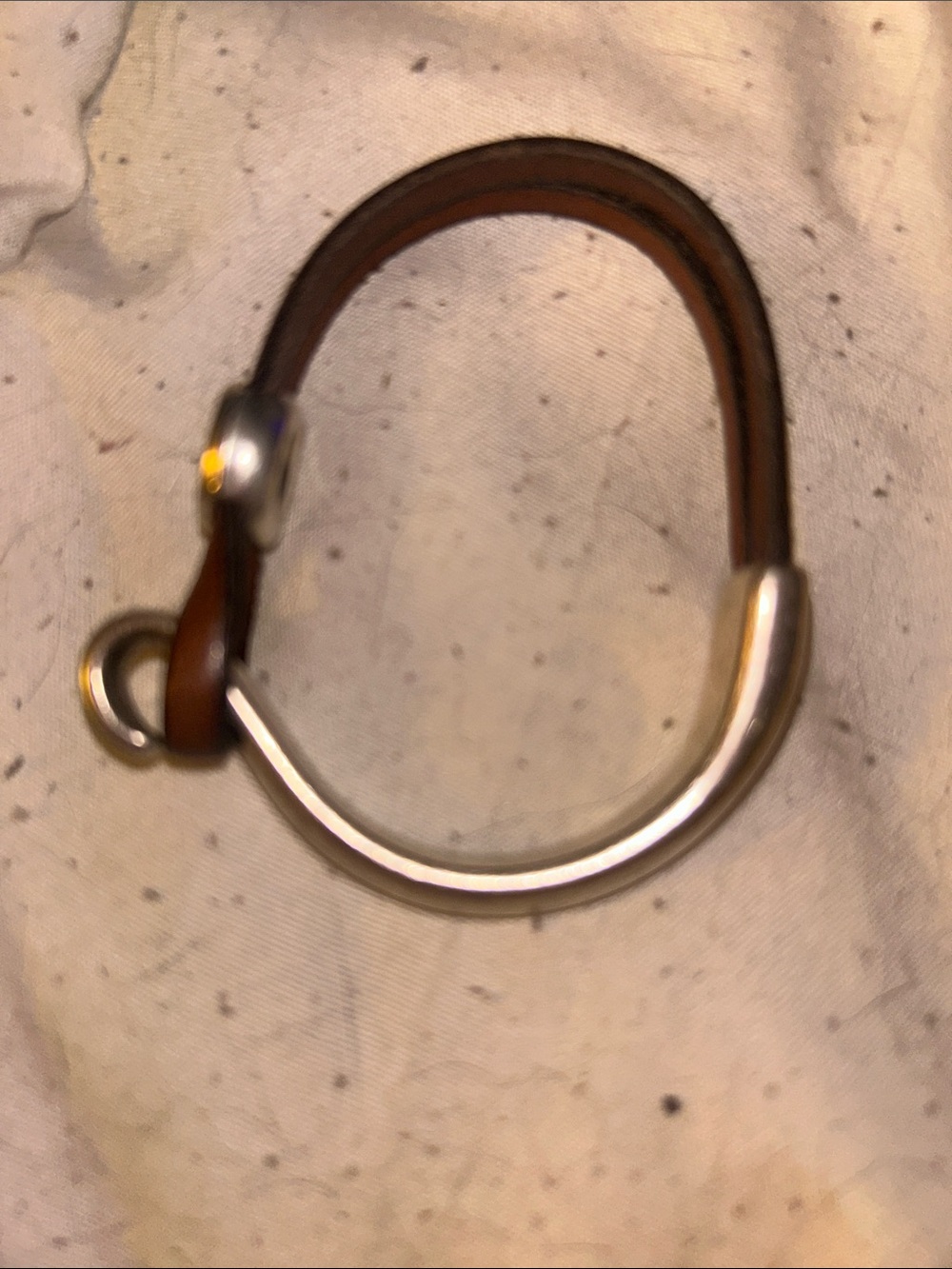 Leather and silver plate bracelet with hook and button closure